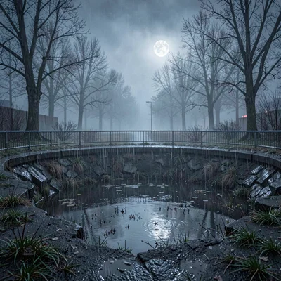 Nocturnal scene of an empty quarterpipe with rain pooled at the base