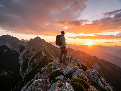 Hiker on mountain ridge at sunset