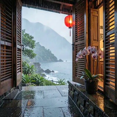 Jiufen rain beauty, wet mountain coastal, Traditional wooden shutters half-open,