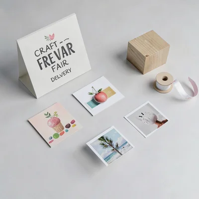 A scattered tabletop with abstract craft-fair deliverables — stall sign, three p