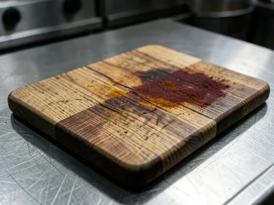 The surface of a well-used cutting board in a professional kitchen, end-grain ma