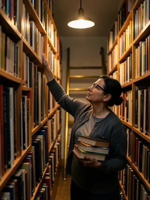 A bookshop owner shelving books in a narrow aisle, their hand reaching up to a h