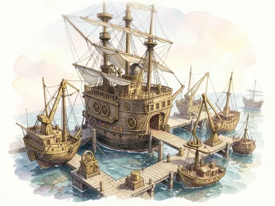 Steampunk airship dock, tilt-shift, tiny brass ships and clockwork cranes