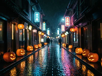 Neighborhood street on Halloween night, glowing jack-o-lanterns lining walkways