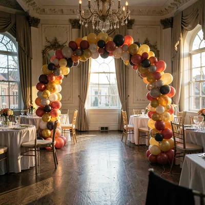 Atmospheric photo-real shot of a ballroom mid-installation, balloon arch half-bu