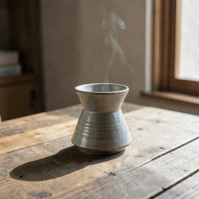 A solitary ceramic pour-over coffee dripper with cone form sitting alone on raw
