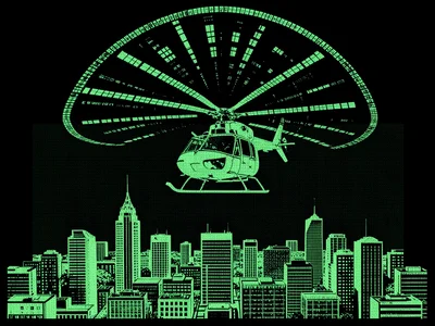A helicopter over a city in terminal green, its rotors as spinning radial charac