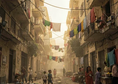 Dusty golden Cairo haze compressing apartment layers, children playing in alley,