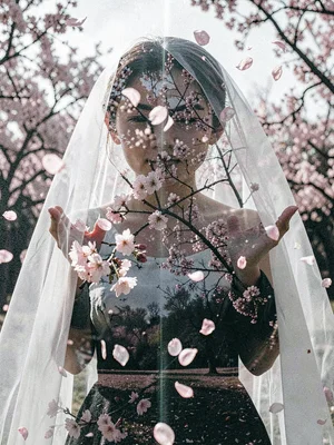Bride containing cherry blossoms, fleeting beauty acknowledged, petals falling t