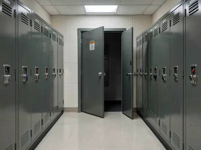 School lockers, every door closed except the exact middle one, gaping open