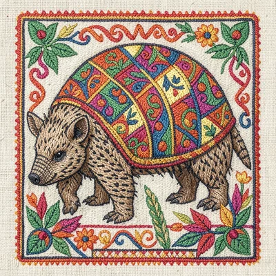 Otomi Tenango embroidery illustration, an armadillo with decorative shell patter
