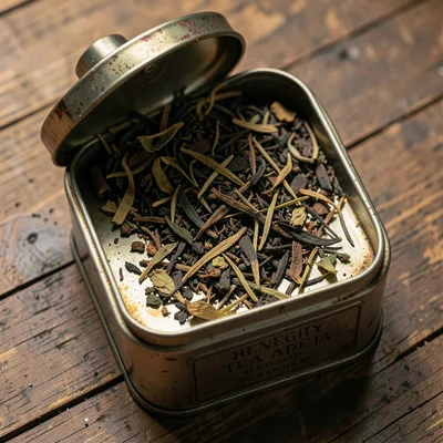 Loose Leaf Tea Spilled Open Tin Overhead