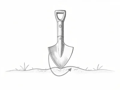 A blueprint of a hand plough share isolated above a faint ground tick, mouldboar