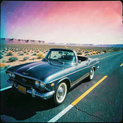 Cross-processed slide film photograph, Vintage convertible car on desert highway