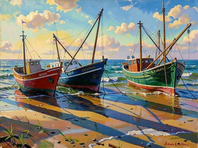 Fishing boats on a beach, afternoon tide out, hulls casting long parallel shadow