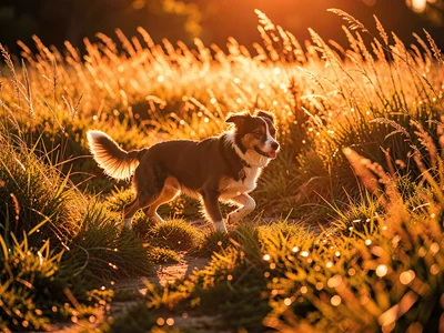 Dog running through tall grass, backlit