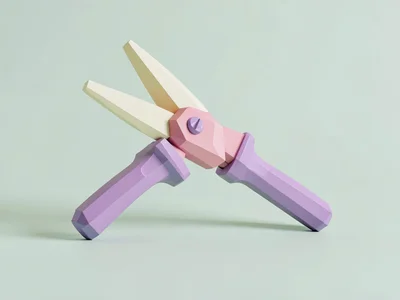 Snipping dusty-pink lowpoly pruning shears with cream blades and chunky lavender