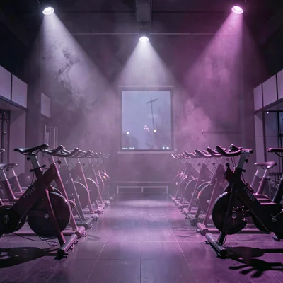 Nocturnal photo of a spin studio in low magenta light with rows of stationary bi