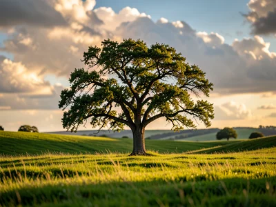 Lone oak tree standing in a rolling green meadow, puffy clouds above