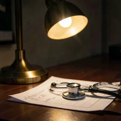 Close-up of a stethoscope and a folded paper chart resting under a low brass lam