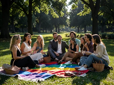 Group of friends having picnic in park, rainbow blanket, summer afternoon