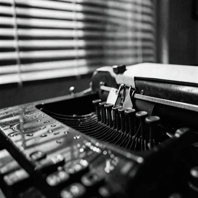 Close-up of typewriter key strikers mid-swing, ink ribbon visible between hammer