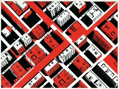 City grid viewed from above, bold graphic shapes, strong diagonal axis