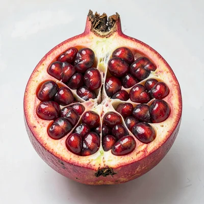 A pomegranate cut precisely in half, revealing the geometric chambers of arils