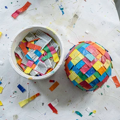 An overhead view of torn newspaper strips in a paste bowl beside a half-finished