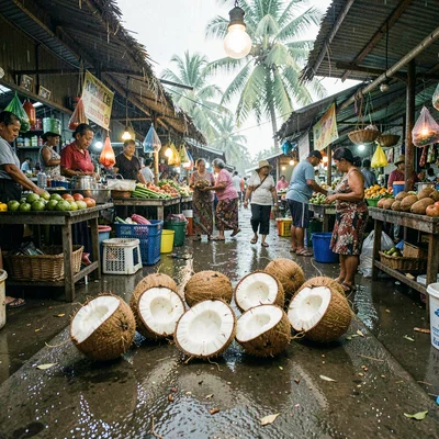 Humid tropical market light in Suva, Fiji, Coconuts split open revealing white f