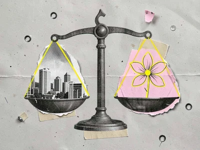 Torn newsprint scene of a balance scale where one pan holds halftone images of c