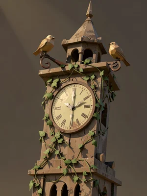 Leaning lowpoly clock tower with vines climbing the dial and two faceted birds n