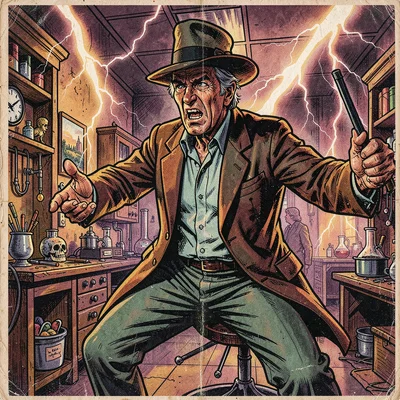 A mad scientist in lightning-filled lab