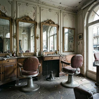 Buenos Aires faded grandeur, belle époque decay, A barber shop with original swi