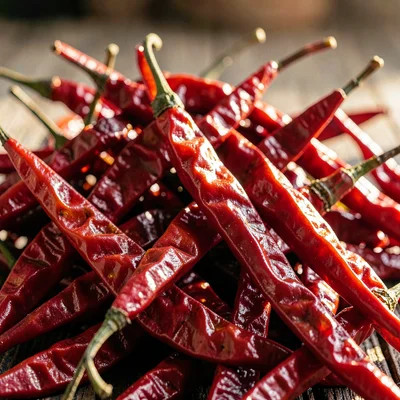 Macro of dried red chili pods in a pile, raking light catching the wrinkled skin