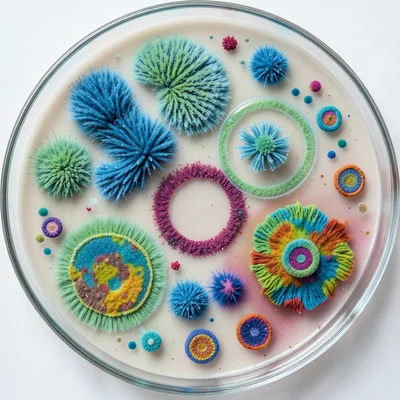 Penicillium mold growth on agar, fuzzy blue-green colonies with clear inhibition