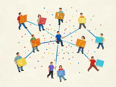 Twenty small gouache figures arranged in an irregular constellation across a sof