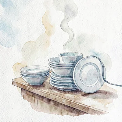 Watercolor of a service line of plated dishes ready for pickup, steam curling up