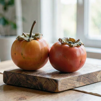 Botanical still-life of two persimmons on a wooden board, soft window light