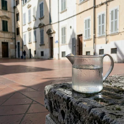Siesta stillness, afternoon heat weight, A water jug sweating condensation on a 