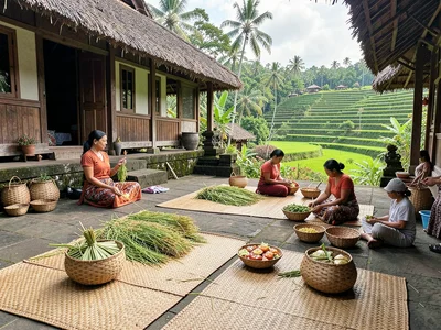 Rice drying on mats in village courtyard