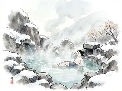 Hot springs onsen with steam rising, snow on surrounding rocks, person relaxing
