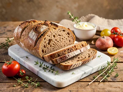 Artisan sourdough bread sliced on a marble board, small pot of butter, fresh her
