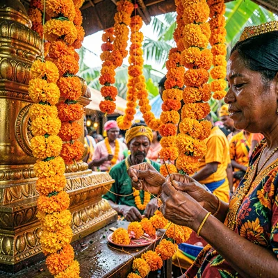 Vivid photograph with Trinidadian cultural fusion aesthetic, Marigold garlands b