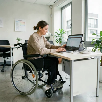 Documentary photography, unposed moment, Wheelchair user working at accessible d