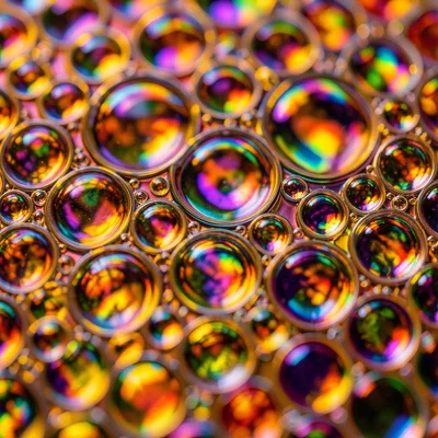 Oil drops on water reflecting autumn harvest colors below, macro warm tones