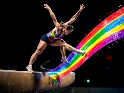 Gymnast on balance beam but beam is paintbrush painting a rainbow trail