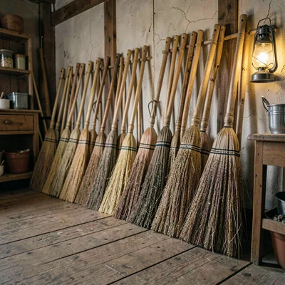 Wood-floored shop with rows of finished brooms leaning against a wall, lantern g