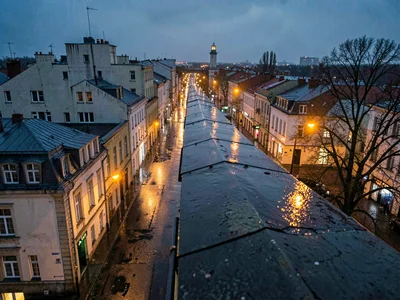 Looking down from a rooftop parapet, sodium streetlights pool warm amber on rain