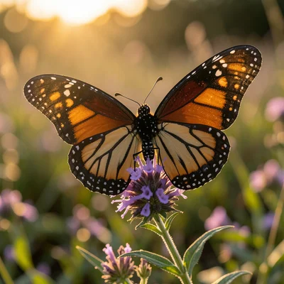 Monarch butterfly resting on a purple wildflower, wings fully spread